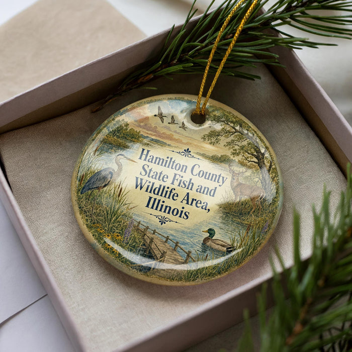 A decorative ornament in a box, featuring a scenic landscape with birds, trees, and a body of water.