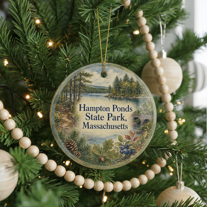 A round ornament hanging on a Christmas tree, featuring a scenic image of a pond surrounded by trees and mountains.