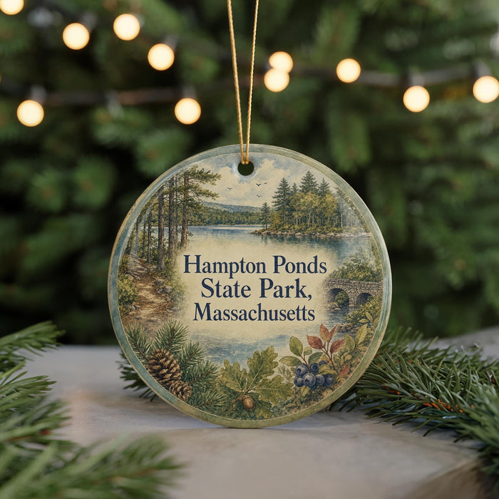 A round ornament with a scenic image of a pond and forest, featuring the text "Hampton Ponds State Park, Massachusetts".