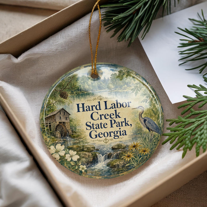 A decorative ornament with a scenic image of Hard Labor Creek State Park, Georgia, featuring a mill, a bird, and a waterfall.