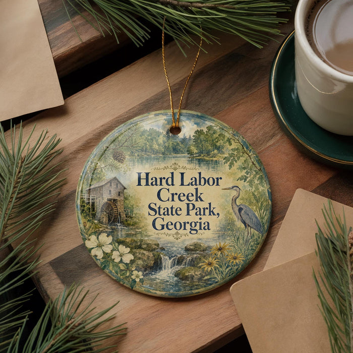 A decorative ornament with the text "Hard Labor Creek State Park, Georgia" on it, surrounded by pine branches and a cup of coffee on a wooden surface.