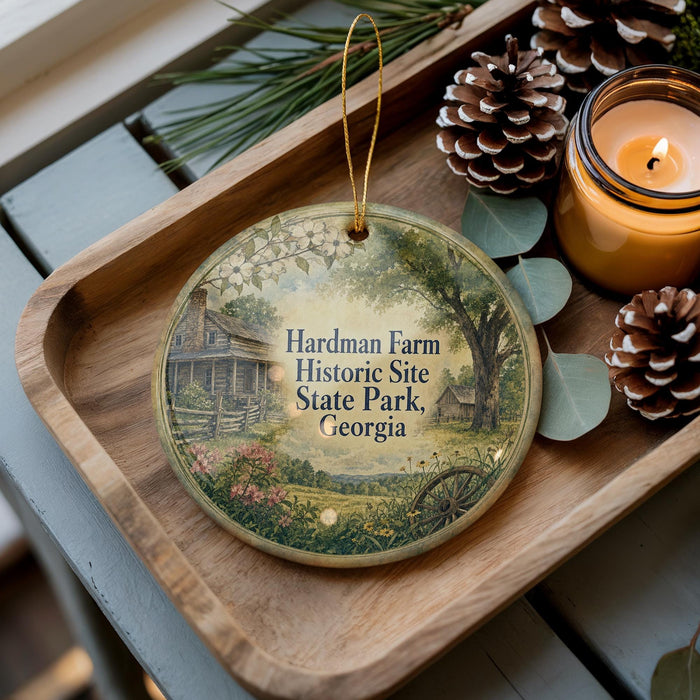 A wooden tray with a decorative ornament featuring a rural scene, including a house, trees, and flowers, along with pine cones and a lit candle.