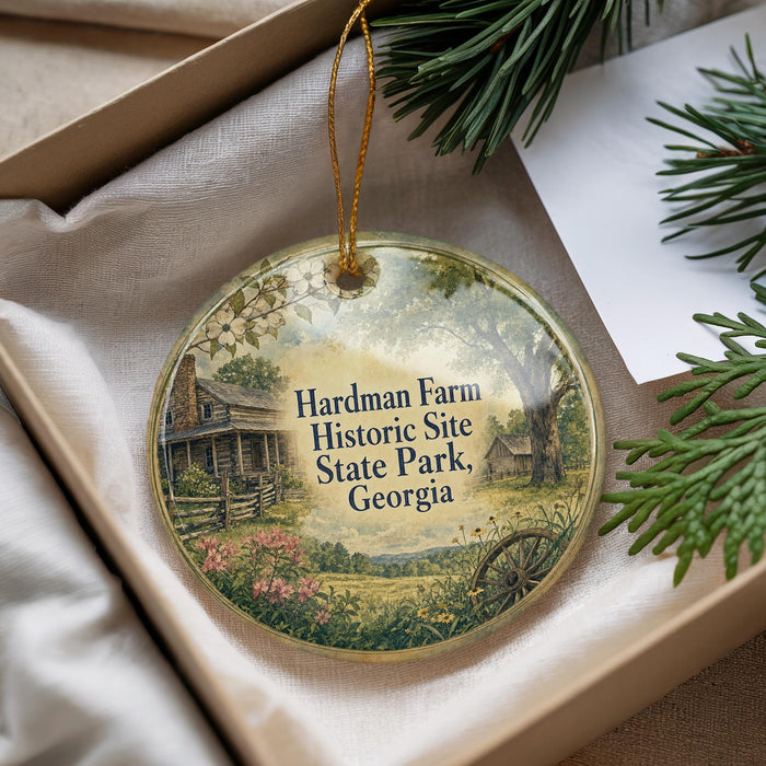A round ornament with a painting of a house and a tree, hanging from a string, placed inside a box with pine branches.