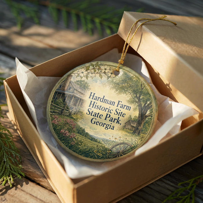 A round ornament in a wooden box, featuring a scenic image of a historic farm and park in Georgia.