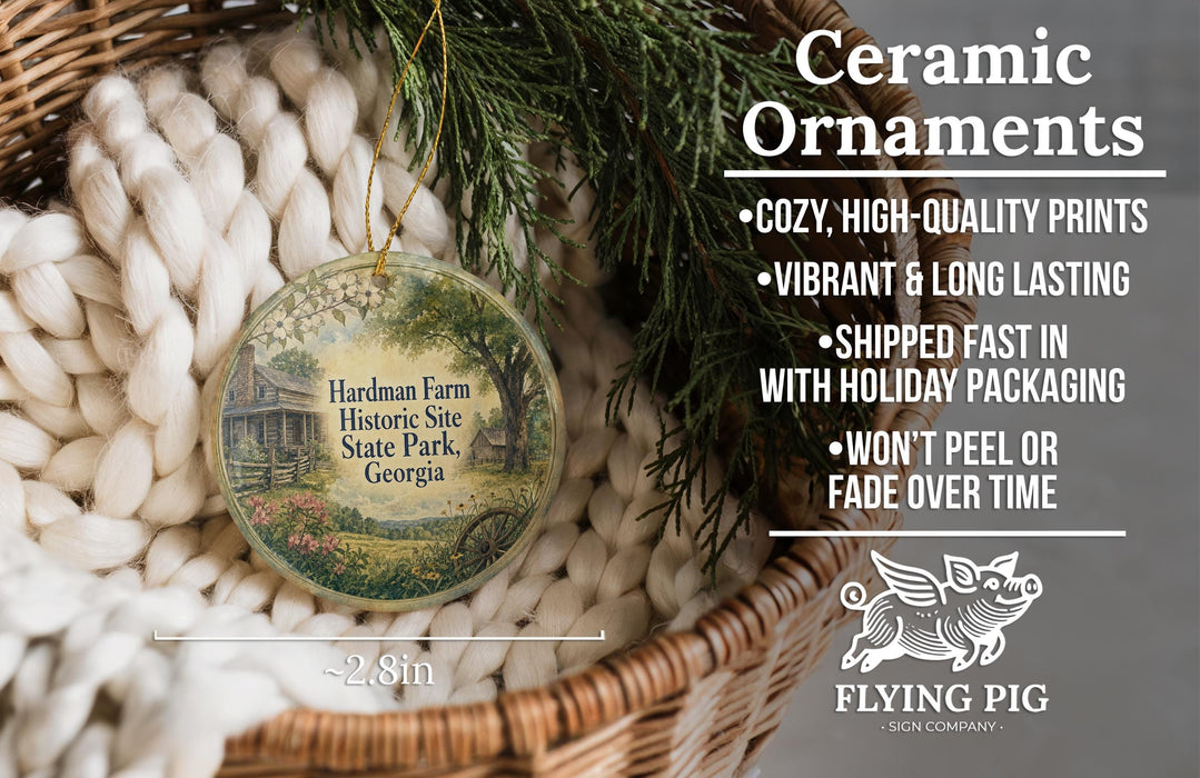 Ceramic ornaments, featuring a picture of a house and greenery, are displayed in a basket. The text highlights the ornaments as "Ceramic Ornaments" and mentions their features such as "COZY, HIGH-QUALITY PRINTS", "VIBANT & LONG LASTING", "SHIPPED FAST IN WITH HOLIDAY PACKAGING", and "WON'T EEL OR FADE OVER TIME". The image also includes a scale for the ornaments and a logo for "FLYING PIG - SIGN COMPANY".