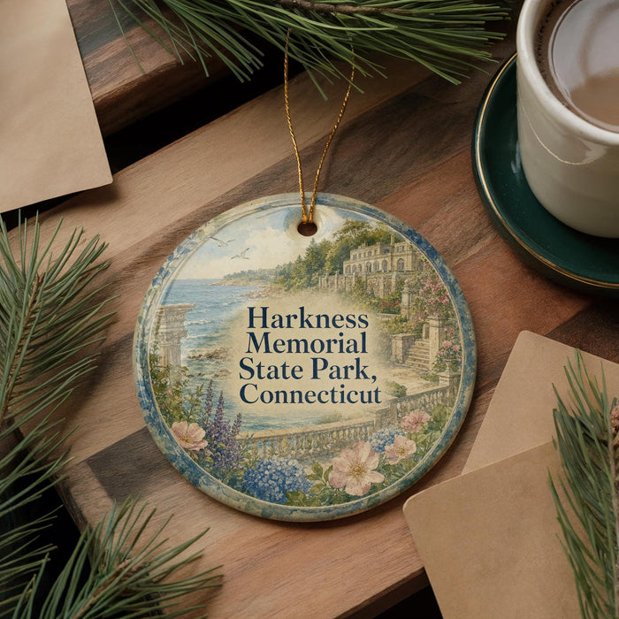 A decorative ornament with a scenic image of Harkness Memorial State Park, Connecticut, is displayed on a wooden surface alongside a cup of coffee and some pine branches.