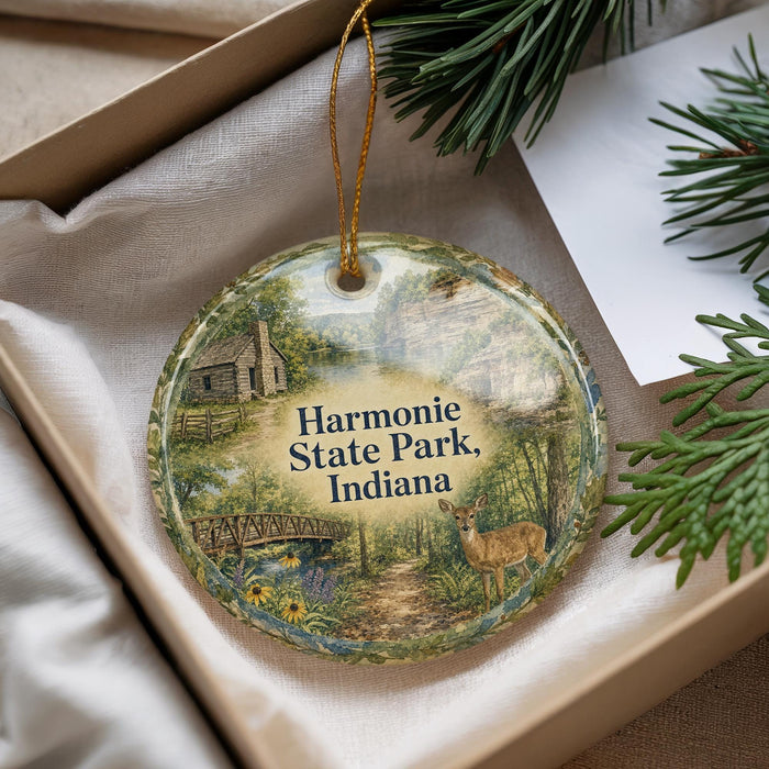 A decorative ornament with a scenic image of a park, featuring a bridge, a deer, and a house, is displayed in a box with pine branches.
