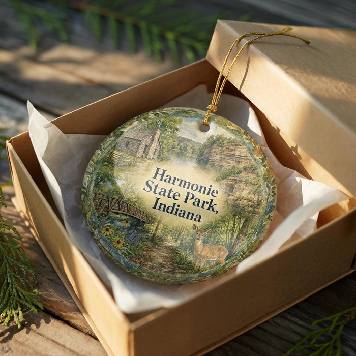 A decorative ornament in a brown box, featuring a scenic image of a bridge, trees, and a deer, with the text "Harmonie State Park, Indiana" printed on it.