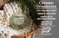 a ceramic ornament hanging from a wicker basket, with a description of the ornament and its features.