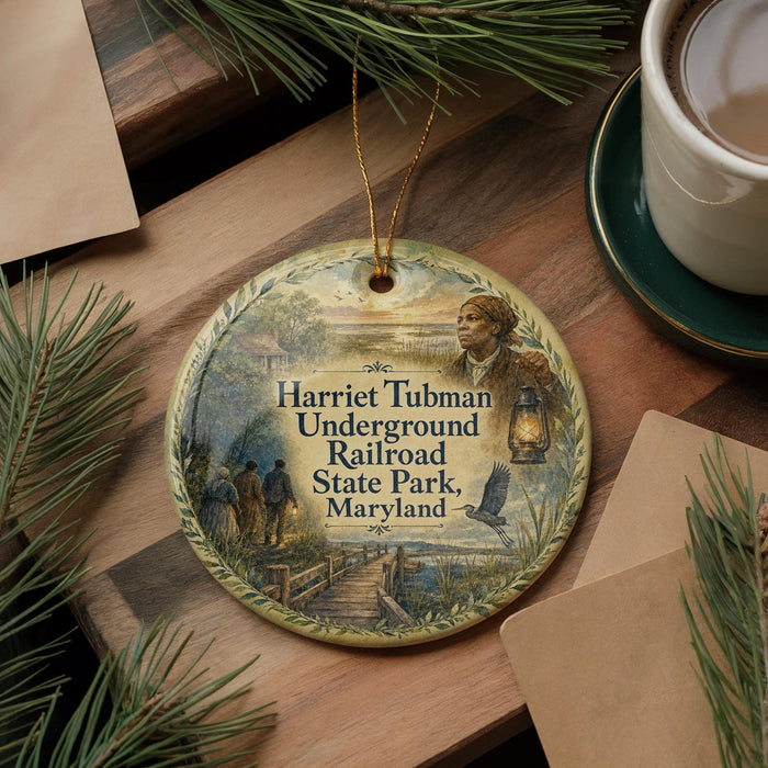 A decorative ornament featuring a painting of Harriet Tubman, the famous Underground Railroad escapees, along with a lantern and a bridge, is displayed on a wooden surface.