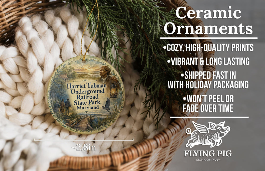 Ceramic ornaments, featuring a vintage-style design with a lantern and a scenic background, are displayed in a wicker basket.