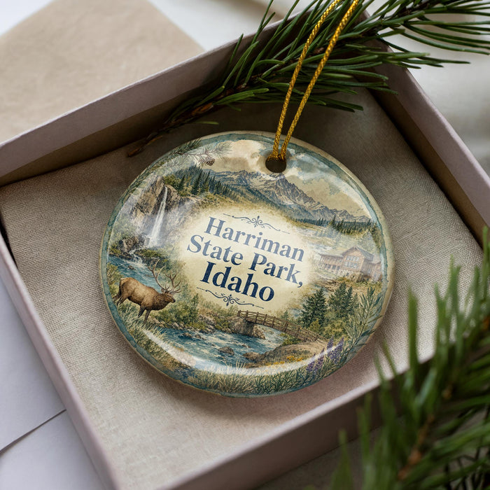 A decorative ornament in a box, featuring a scenic landscape with mountains, a river, and a deer.