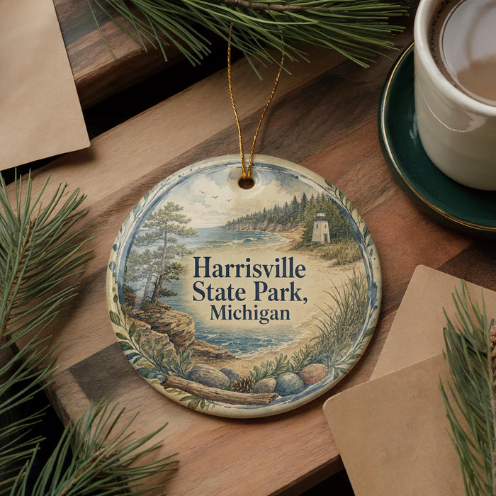A decorative ornament featuring a scenic landscape of Harrisville State Park, Michigan, with a lighthouse in the background. The ornament is hanging on a wooden surface, surrounded by pine branches and a cup of coffee.