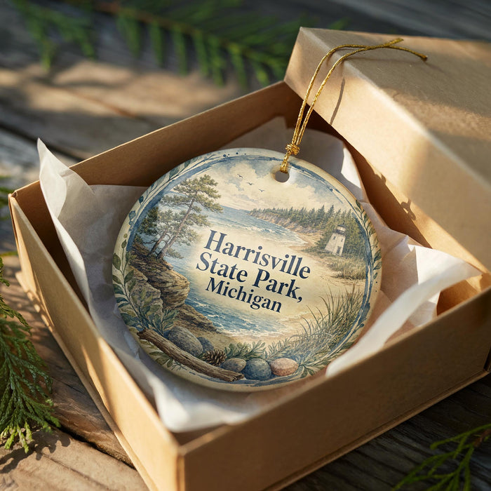 A decorative ornament in a wooden box, featuring a scenic landscape with a lighthouse and trees, with the text "Harrisville State Park, Michigan" printed on it.
