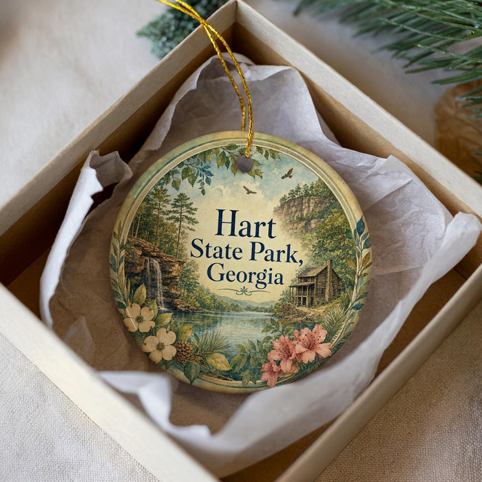 A decorative ornament in a box, featuring a scenic landscape with a waterfall, pine trees, and flowers.