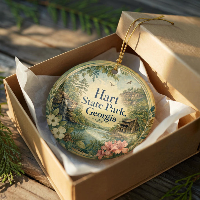A decorative ornament in a box, featuring a scenic landscape with a cabin and flowers, with the text "Hart State Park, Georgia" printed on it.