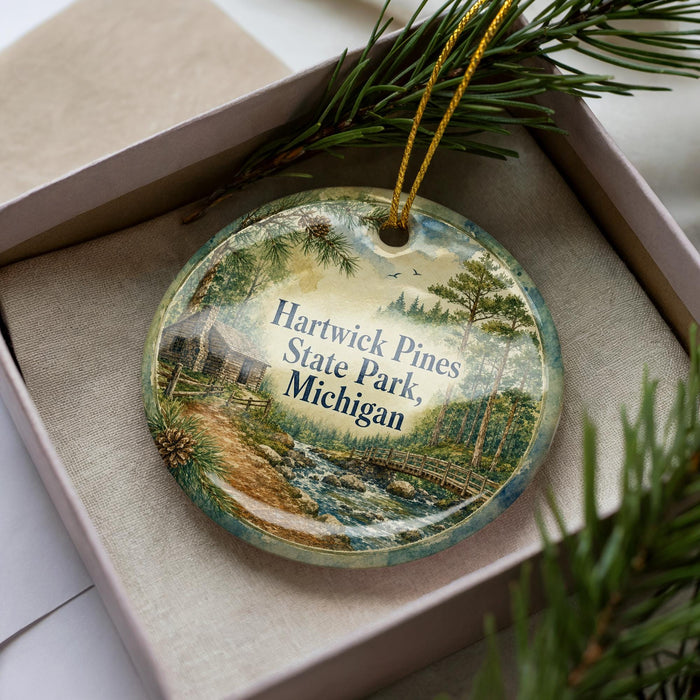 A decorative ornament with a scenic image of Hartwick Pines State Park, Michigan, displayed in a box with pine branches.