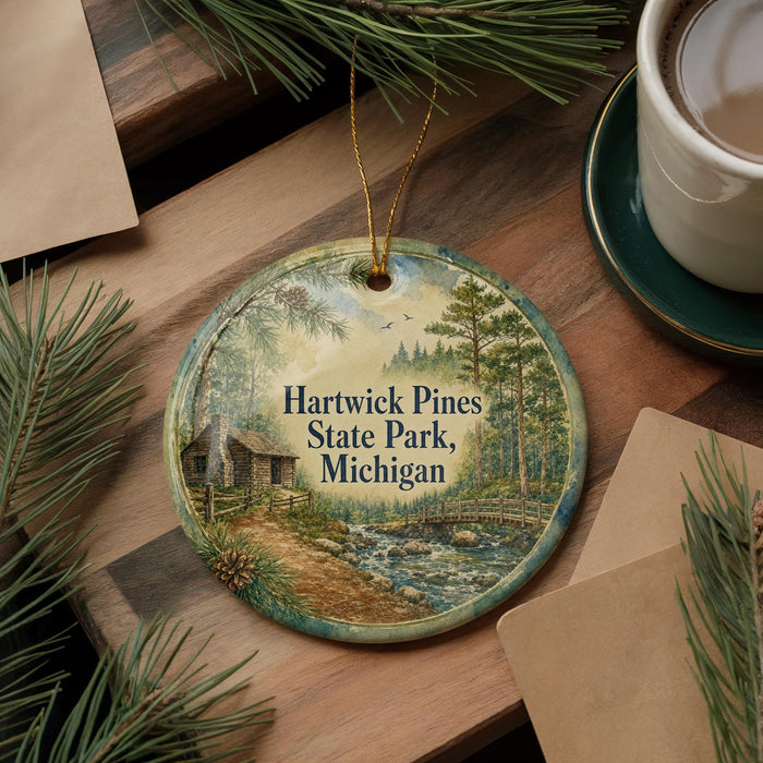 A decorative ornament featuring a scenic image of Hartwick Pines State Park in Michigan, surrounded by pine branches and a cup of coffee on a wooden surface.