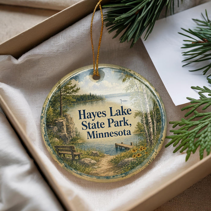 A round ornament with a scenic image of a lake and park, featuring a bench and trees, is displayed in a box with pine branches.