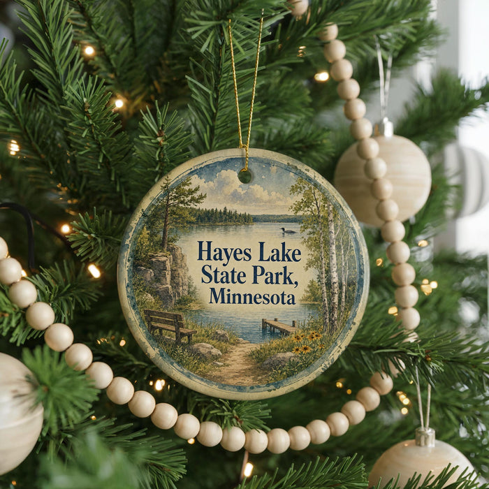 A round ornament hanging on a Christmas tree, featuring a scenic image of a lake and park.
