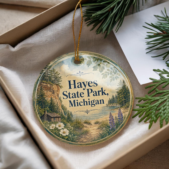 A round ornament with a scenic landscape of a lake, forest, and cabin, hanging from a string.