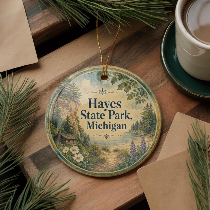 A round ornament with a scenic landscape of a cabin, pine trees, and a lake, hanging on a wooden surface.