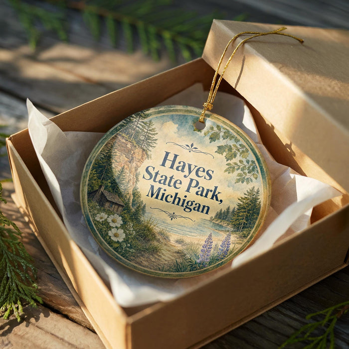 A round ornament in a brown box, featuring a scenic landscape with trees, flowers, and a body of water.