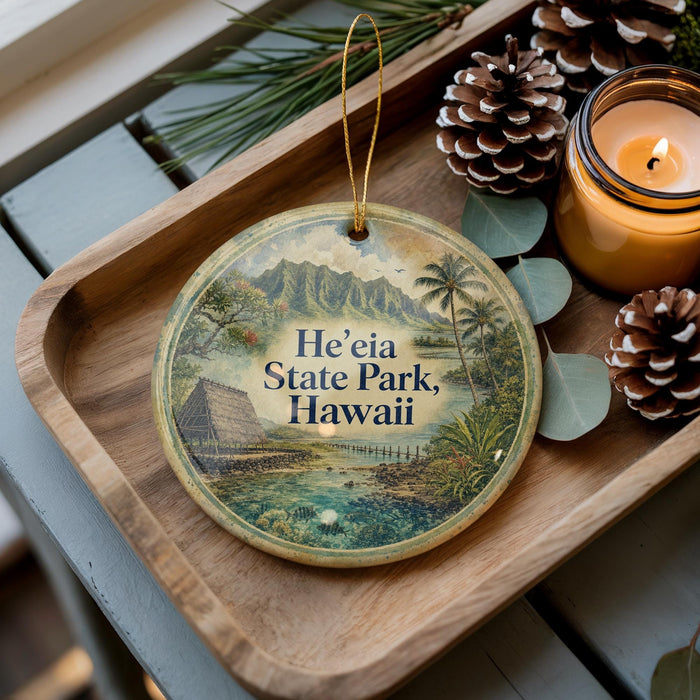 A wooden tray with a decorative ornament featuring a scenic image of a tropical island, surrounded by pine cones and a lit candle.
