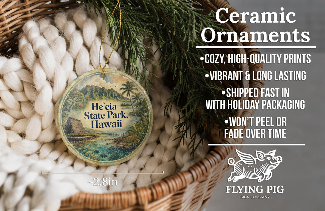 Ceramic ornaments, including a round ornament with a tropical island scene, are displayed in a woven basket.