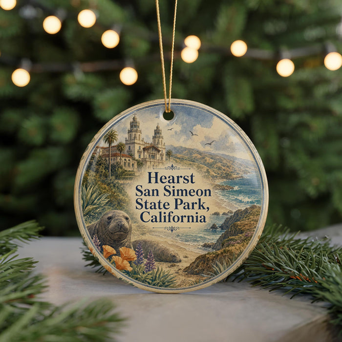 A round ornament featuring a scenic image of Hearst San Simeon State Park, California, with a seal resting on the beach and palm trees in the background.