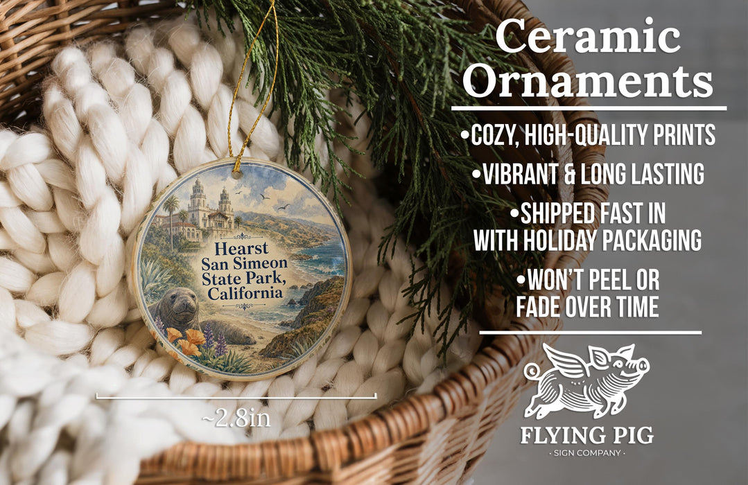 Ceramic ornaments, featuring a round ornament with a scenic image of Hearst San Simeon State Park, California, hanging from a wicker basket.
