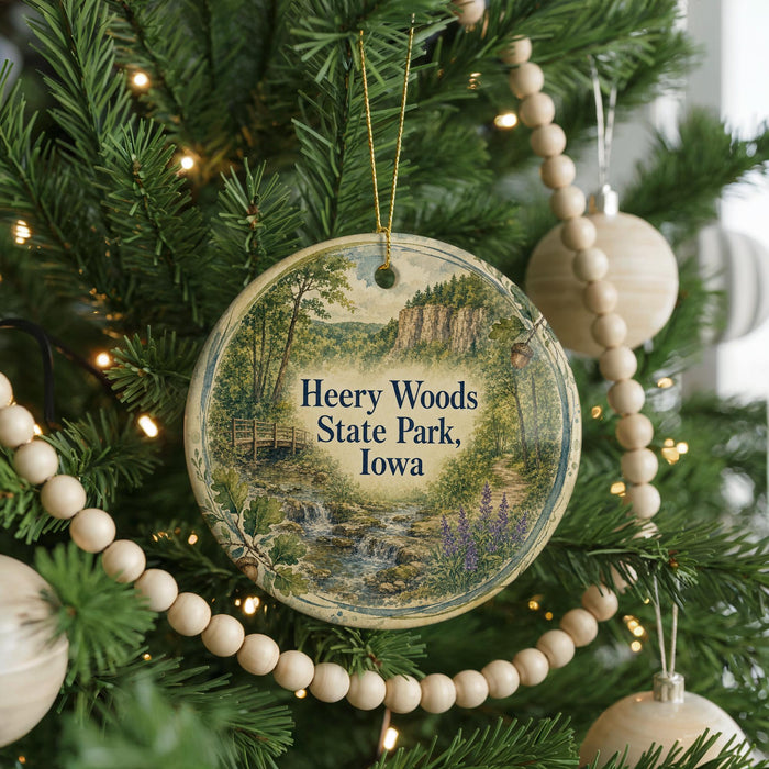 A round ornament hanging on a Christmas tree, featuring a scenic landscape with a stream and trees.