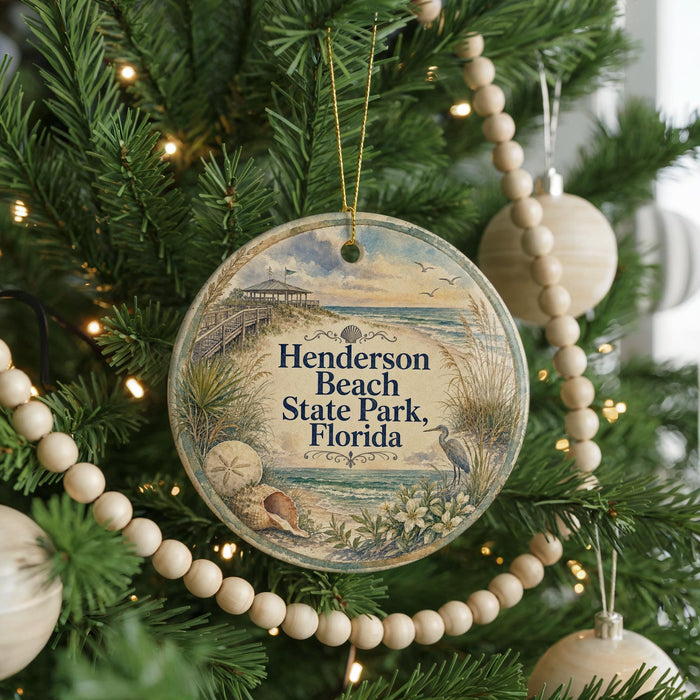 A round ornament hanging on a Christmas tree, featuring a beach scene with a pier and palm trees.
