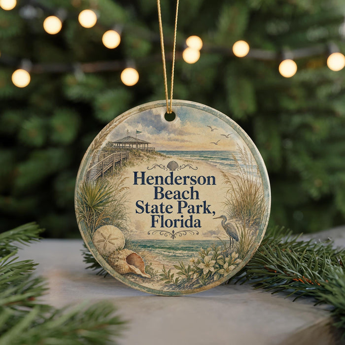 A round ornament with a beach scene and text, hanging on a string.