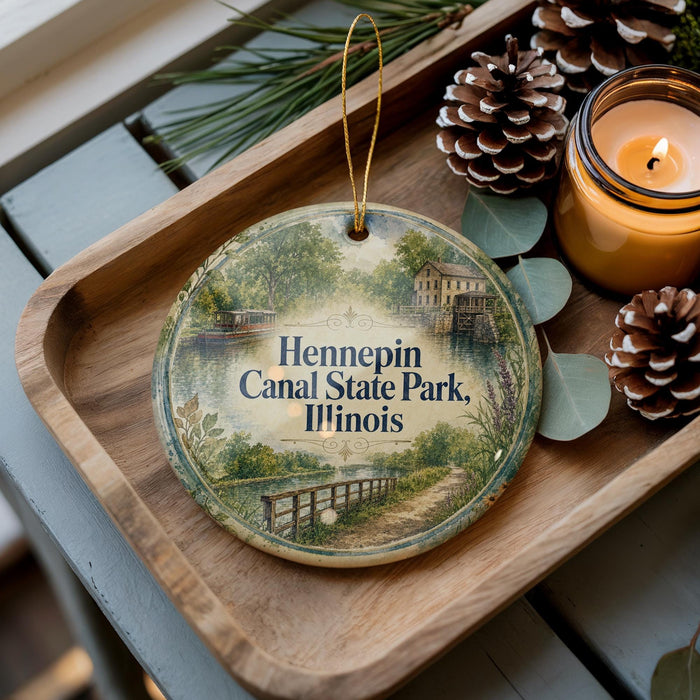 A decorative ornament featuring a scenic image of Hennepin Canal State Park, Illinois, with a candle and pine cones on a wooden tray.