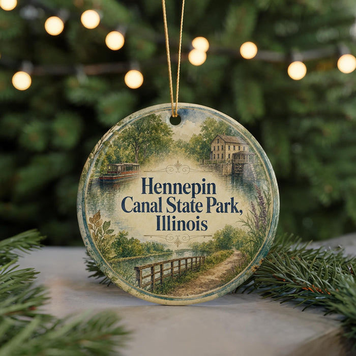 A round ornament with a scenic image of Hennepin Canal State Park, Illinois, hanging from a string.