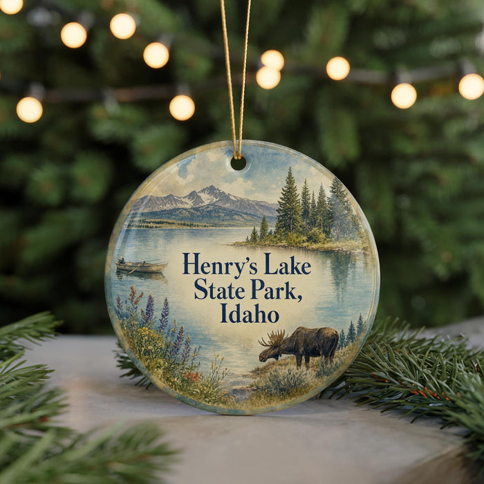 A round ornament with a painting of a moose in front of a lake, surrounded by pine trees and mountains, with the text "Henry's Lake State Park, Idaho" displayed on it.