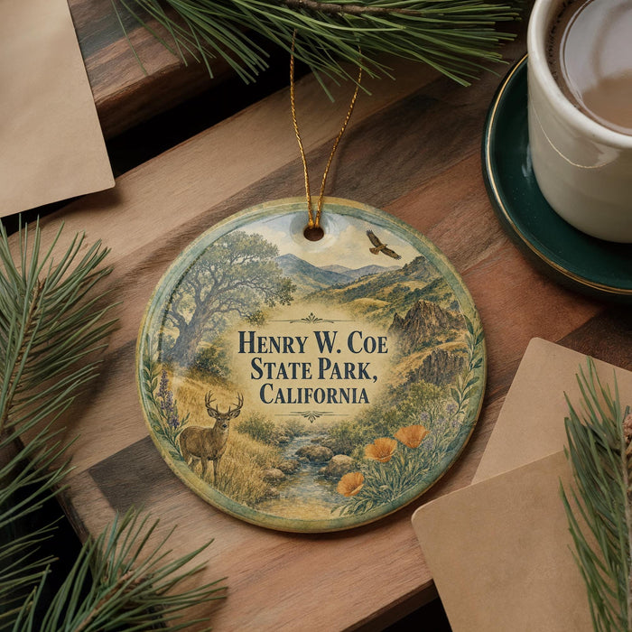 A decorative ornament with a scenic landscape of Henry W. Coe State Park, California, featuring a deer, pine trees, and mountains.