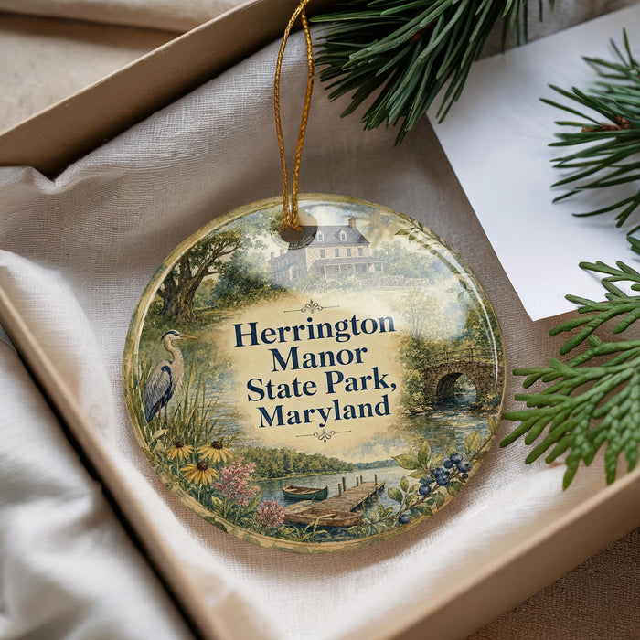 A decorative ornament with a scenic image of Herrington Manor State Park, Maryland, displayed in a box with pine branches.
