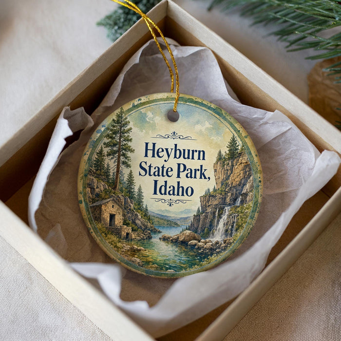 A round ornament with a scenic image of a mountain landscape and a waterfall, featuring the text "Heyburn State Park, Idaho" on it.