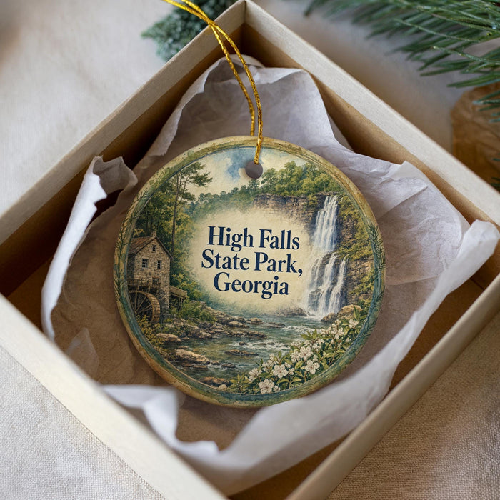 A decorative ornament in a box, featuring a scenic image of High Falls State Park in Georgia.