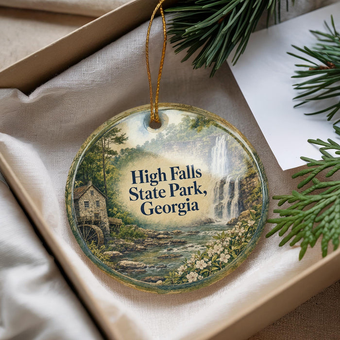 A decorative ornament featuring a scenic image of High Falls State Park in Georgia, with a small house and waterfall in the background.