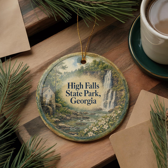 A decorative ornament featuring a scenic image of High Falls State Park, Georgia, hanging on a wooden surface alongside a cup of coffee and some pine branches.