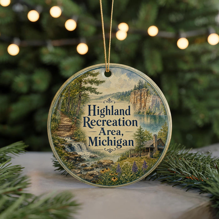 A round ornament with a scenic landscape of a mountain, river, and cabin, surrounded by greenery and trees, with the text "Highland Recreation Area, Michigan" displayed prominently.