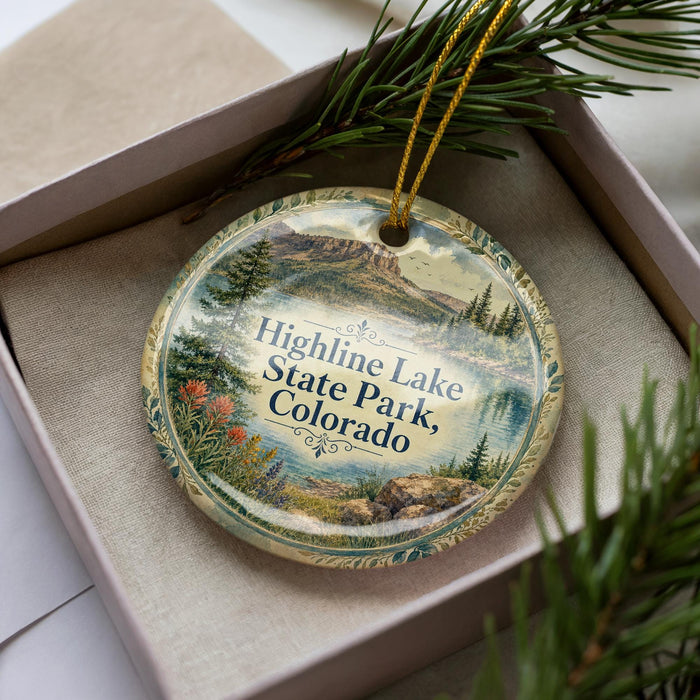 A decorative ornament with a scenic landscape of Highline Lake State Park, Colorado, displayed in a box with pine branches.