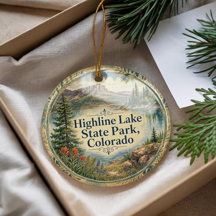 A decorative ornament with a scenic landscape of Highline Lake State Park, Colorado, hanging from a string.