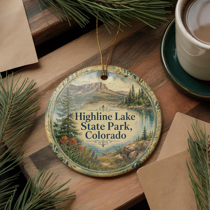 A decorative ornament featuring a scenic landscape of Highline Lake State Park, Colorado, with pine trees and mountains in the background.