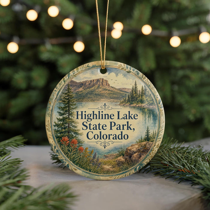 A round ornament with a scenic landscape of Highline Lake State Park, Colorado, featuring mountains, pine trees, and a lake.