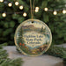 A round ornament with a scenic landscape of Highline Lake State Park, Colorado, featuring mountains, pine trees, and a lake.