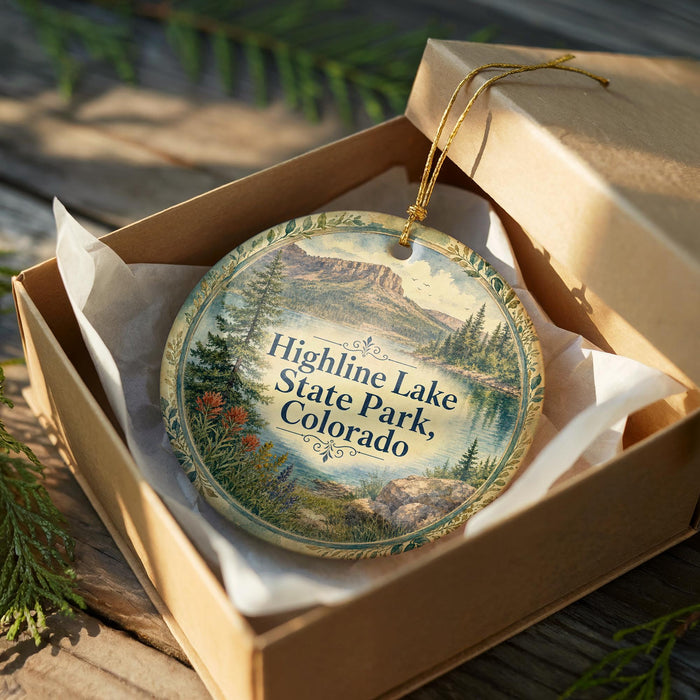 A decorative ornament in a wooden box, featuring a scenic landscape with mountains, trees, and a lake.